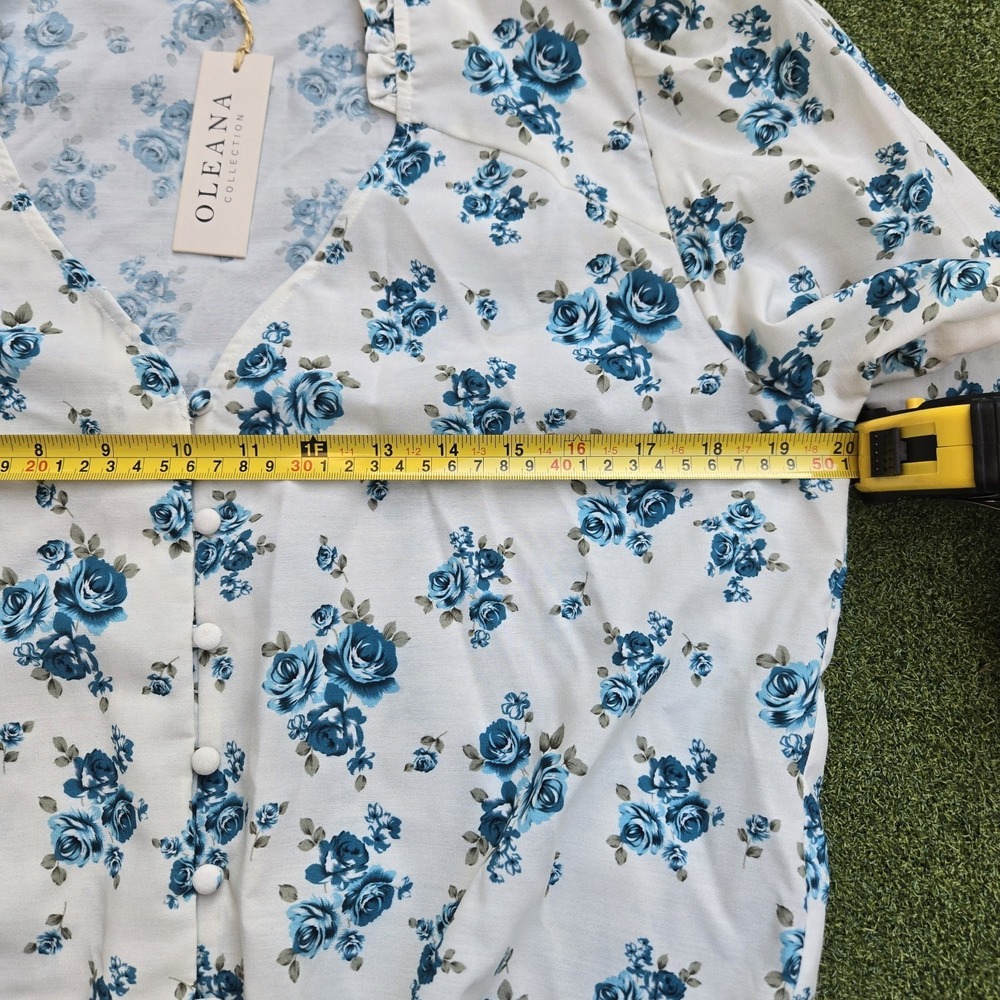 Oleana Top Women's Medium Cream/blue Floral Botton Up Tie Front - Picture 7 of 8
